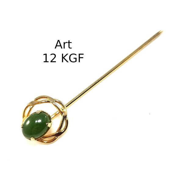 ART 12K Gold Filled Green Stone Stick Pin Vintage 1950s Arthur Pepper Jewelry - Picture 1 of 9